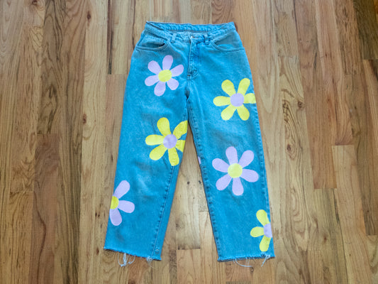 Painted Flower Jeans, Custom Order Floral Groovy Design on Denim Pants