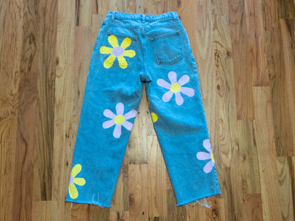 Painted Flower Jeans, Custom Order Floral Groovy Design on Denim Pants