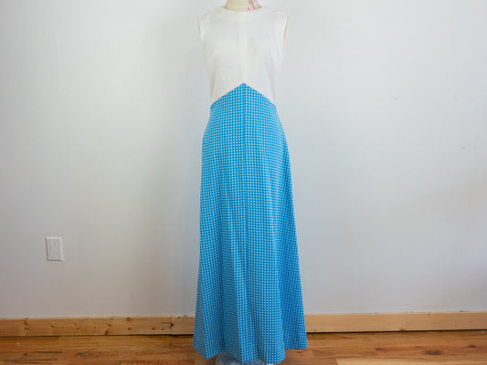 White Blue Gingham 70s Maxi Dress, Size Small