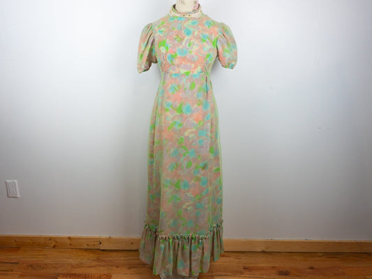 70s Pastel Floral Maxi Dress Size Small