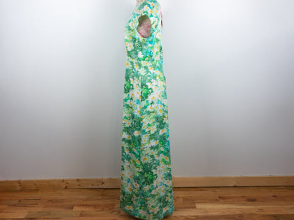 70s Green Floral Maxi Dress Size Medium