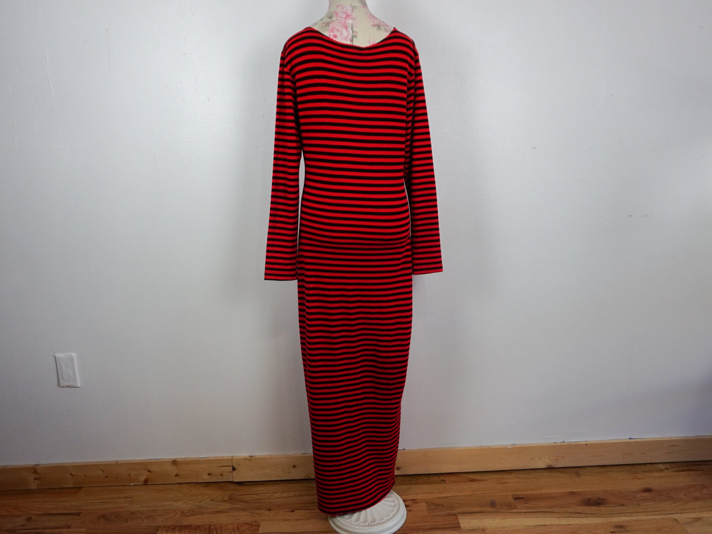 Black Red Striped Maxi Dress, Size Medium