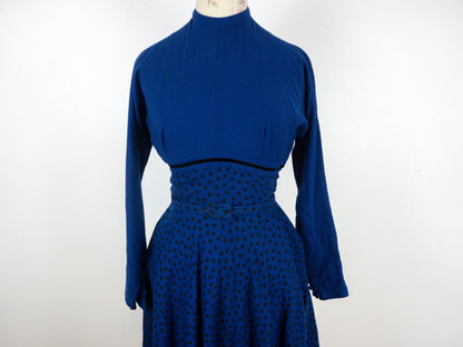 50s Blue Polka Dot Fit and Flare Dress, Size Small