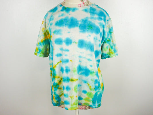 Blue Tie Dye Shirt Yellow Green Upcycled Size L Large unisex Cotton Blend