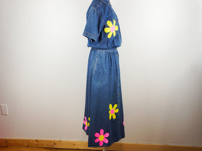 Painted Flowers Denim Dress  Size Medium