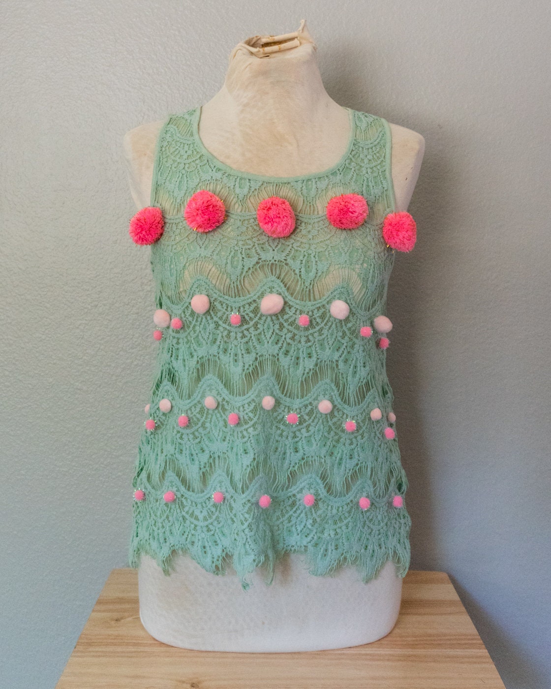 Puff Ball Tank Top, Teal and Pink Crotchet, Small