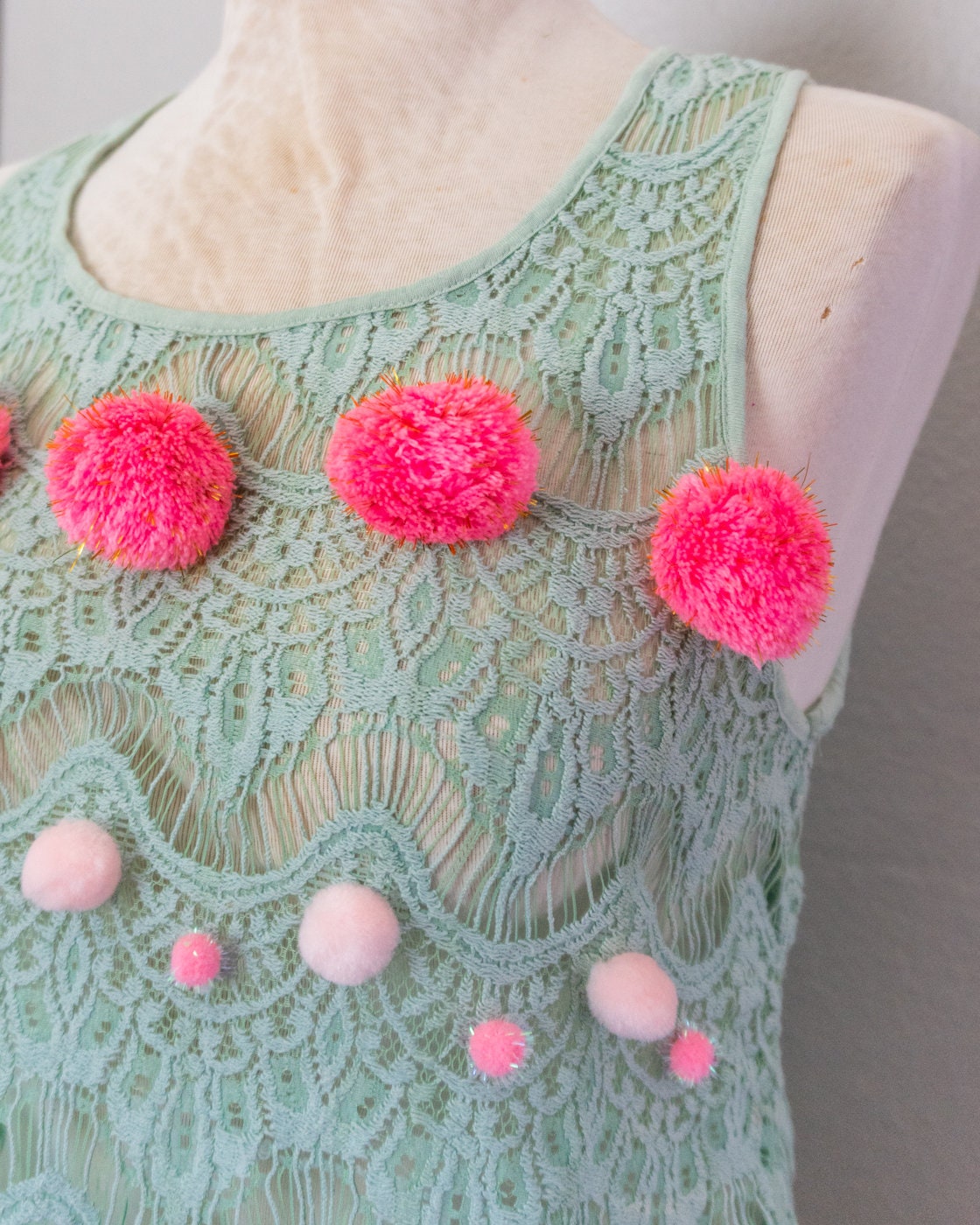 Puff Ball Tank Top, Teal and Pink Crotchet, Small