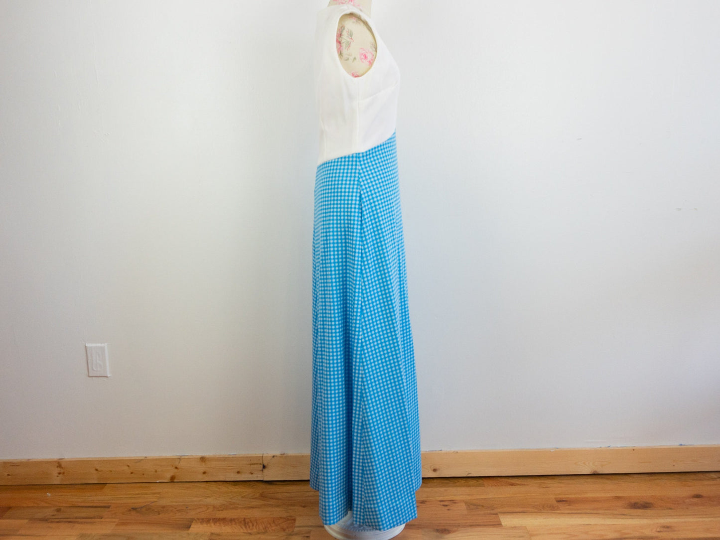 White Blue Gingham 70s Maxi Dress, Size Small