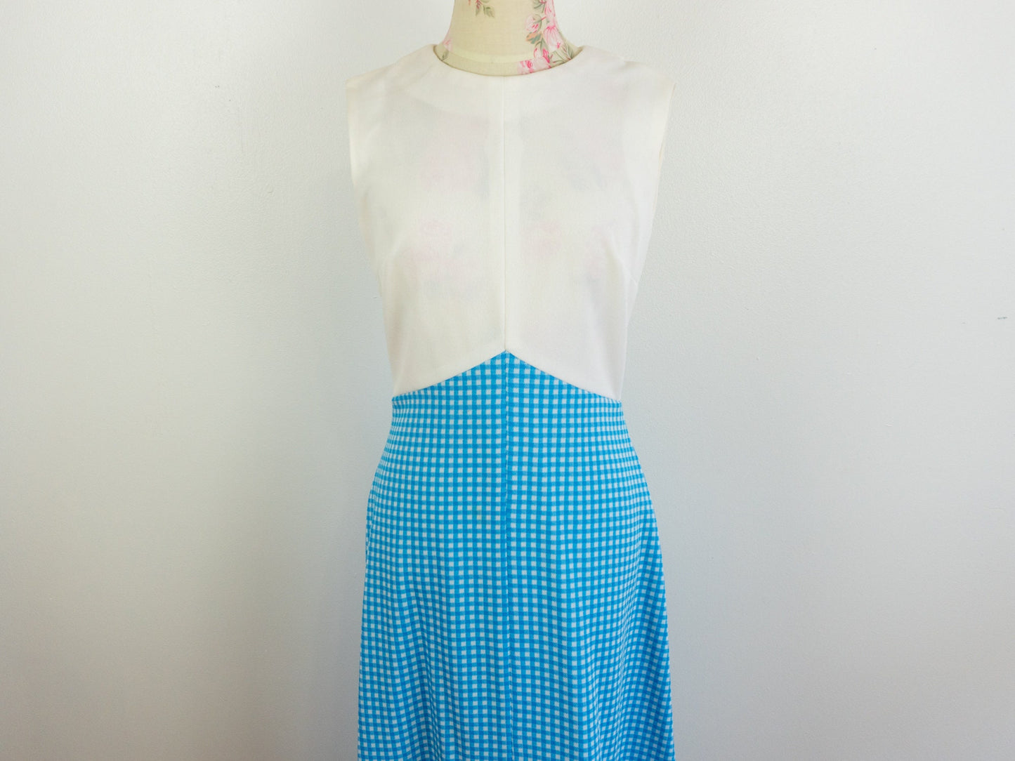 White Blue Gingham 70s Maxi Dress, Size Small