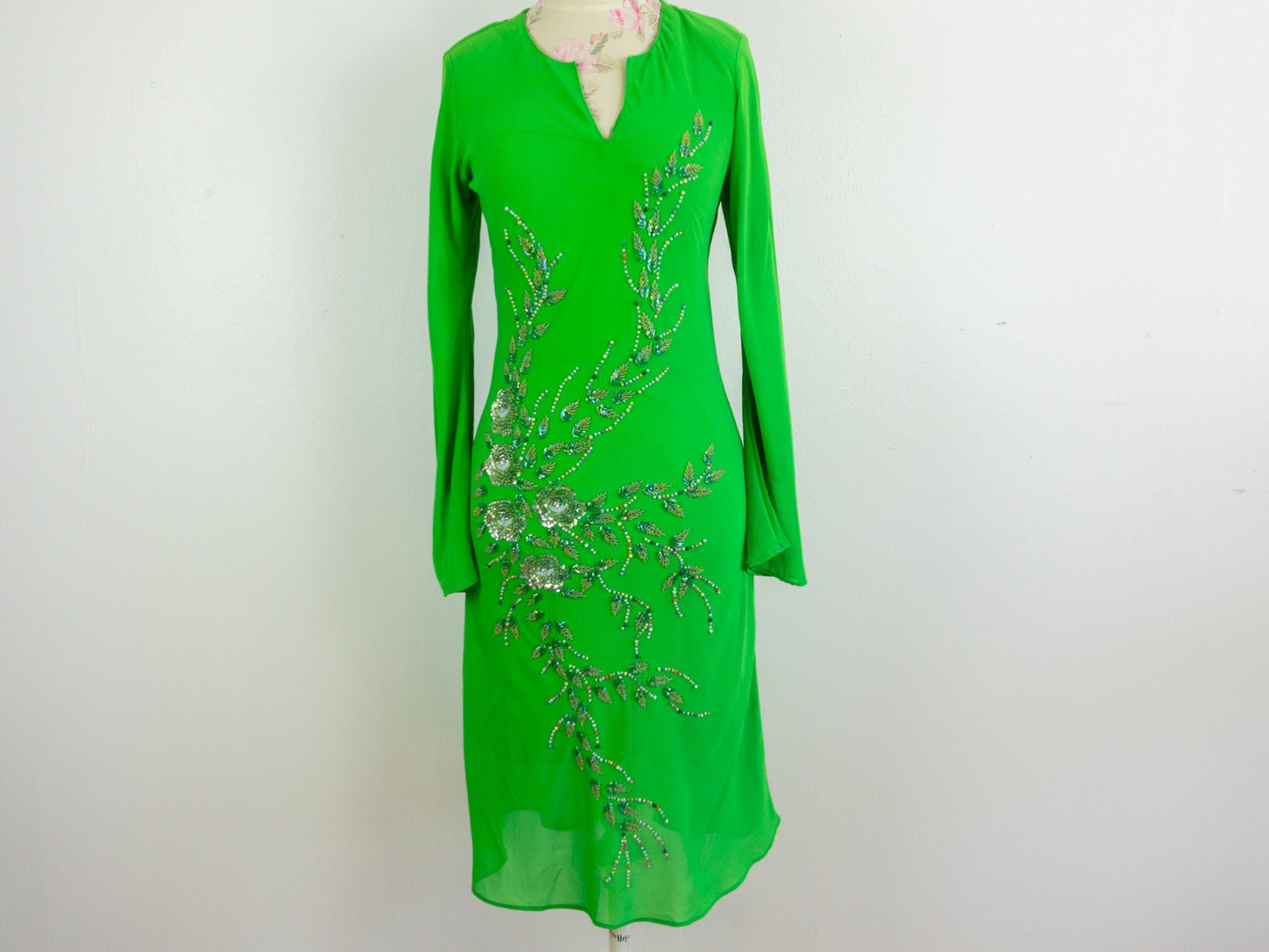 Long Sleeve Beaded Green Dress, Size Small