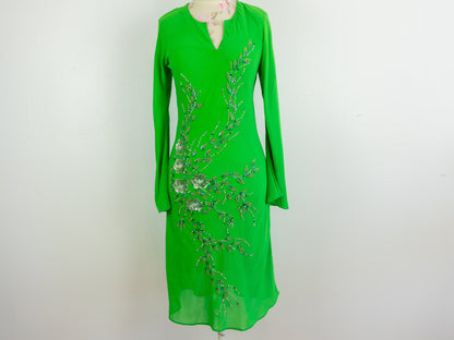 Long Sleeve Beaded Green Dress, Size Small