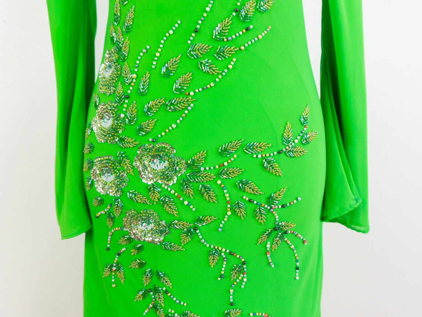 Long Sleeve Beaded Green Dress, Size Small