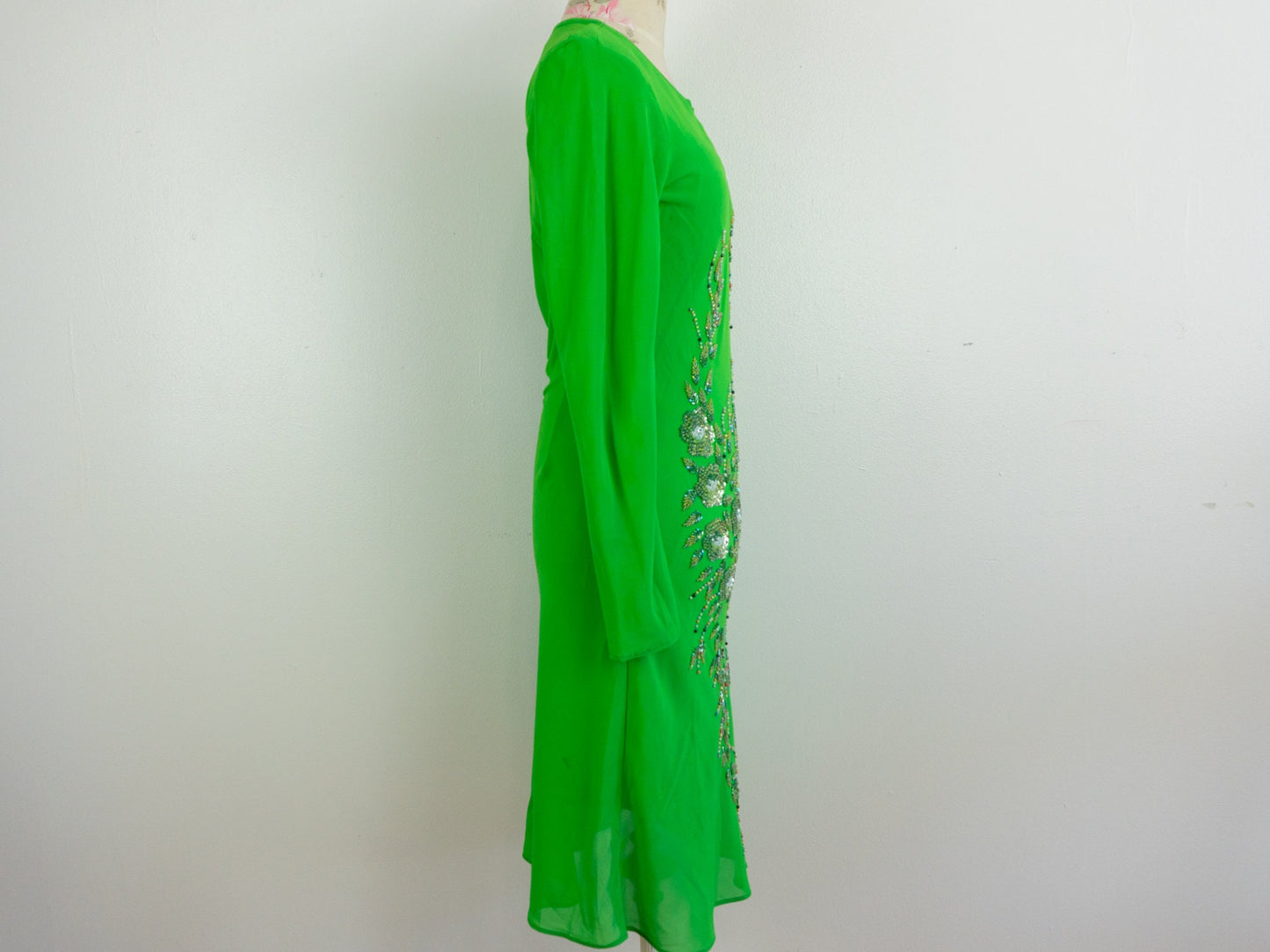 Long Sleeve Beaded Green Dress, Size Small