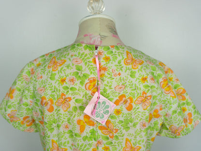 1970s Green Orange Butterfly Dress Size Small