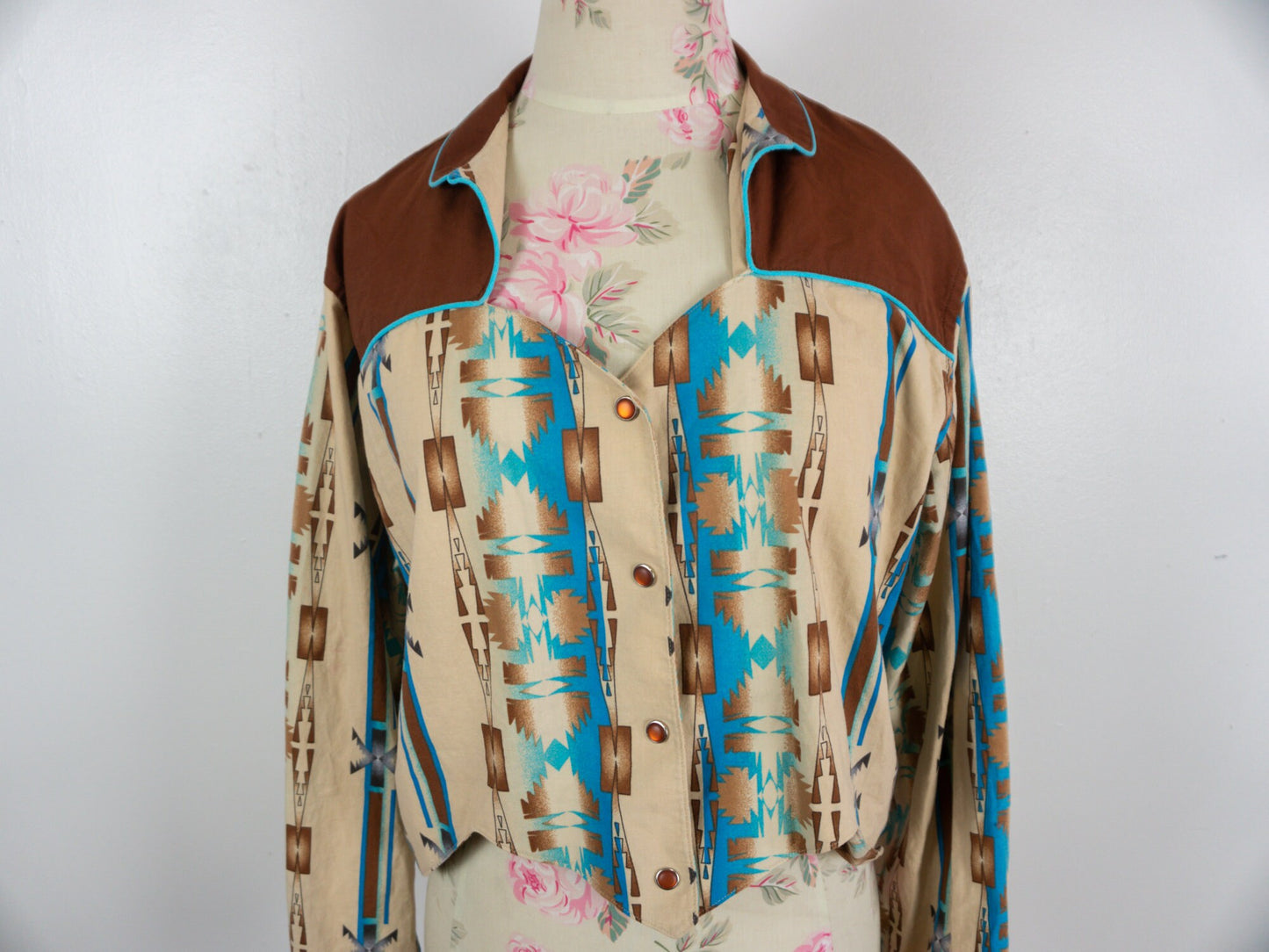 Cropped Western Shirt Brown Blue, Size Medium