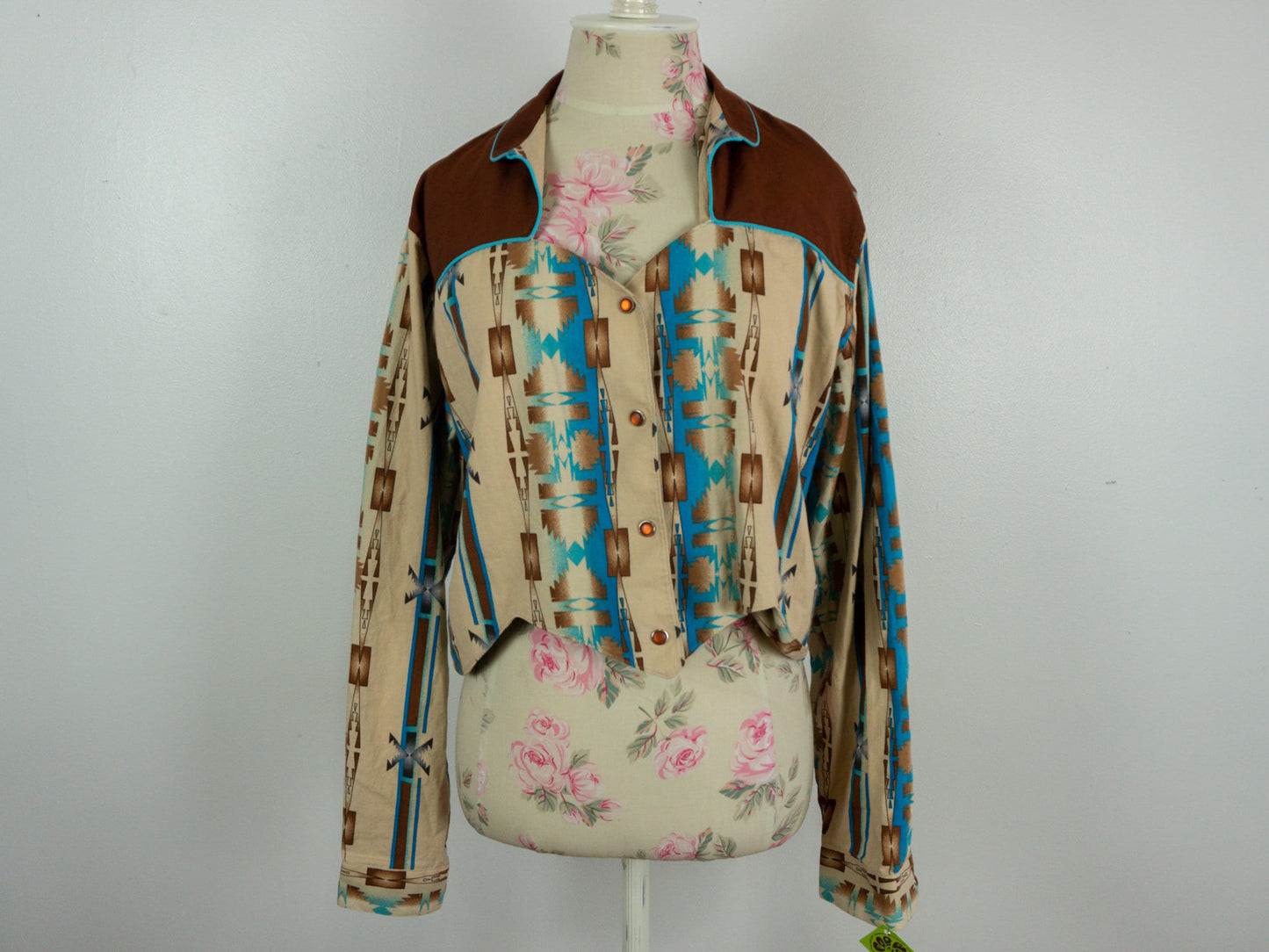 Cropped Western Shirt Brown Blue, Size Medium