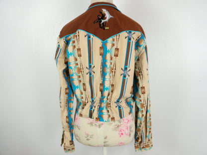 Cropped Western Shirt Brown Blue, Size Medium