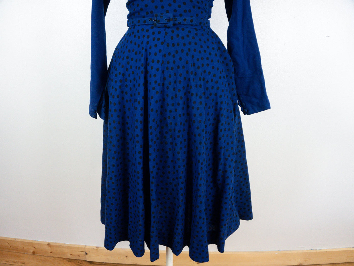 50s Blue Polka Dot Fit and Flare Dress, Size Small