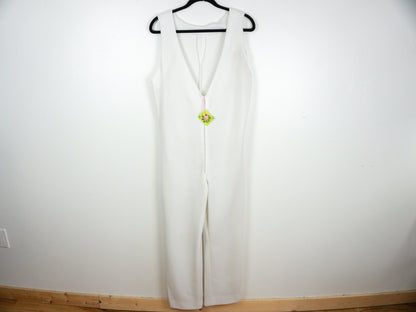 70s White Deep V Jumpsuit, Size Large