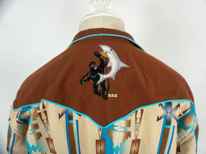 Cropped Western Shirt Brown Blue, Size Medium