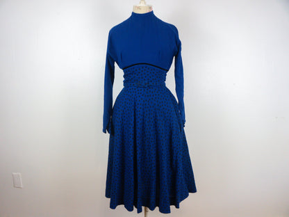 50s Blue Polka Dot Fit and Flare Dress, Size Small