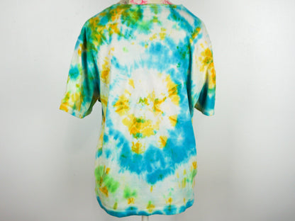 Blue Tie Dye Shirt Yellow Green Upcycled Size L Large unisex Cotton Blend