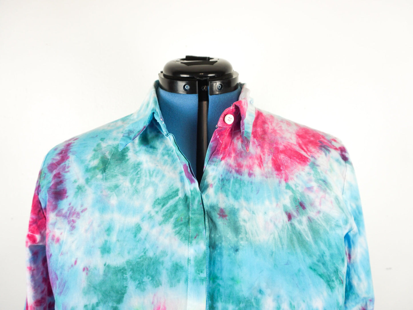 Blue Green Pink Tie Dye Collared Dress Shirt Blouse Size Unisex Large