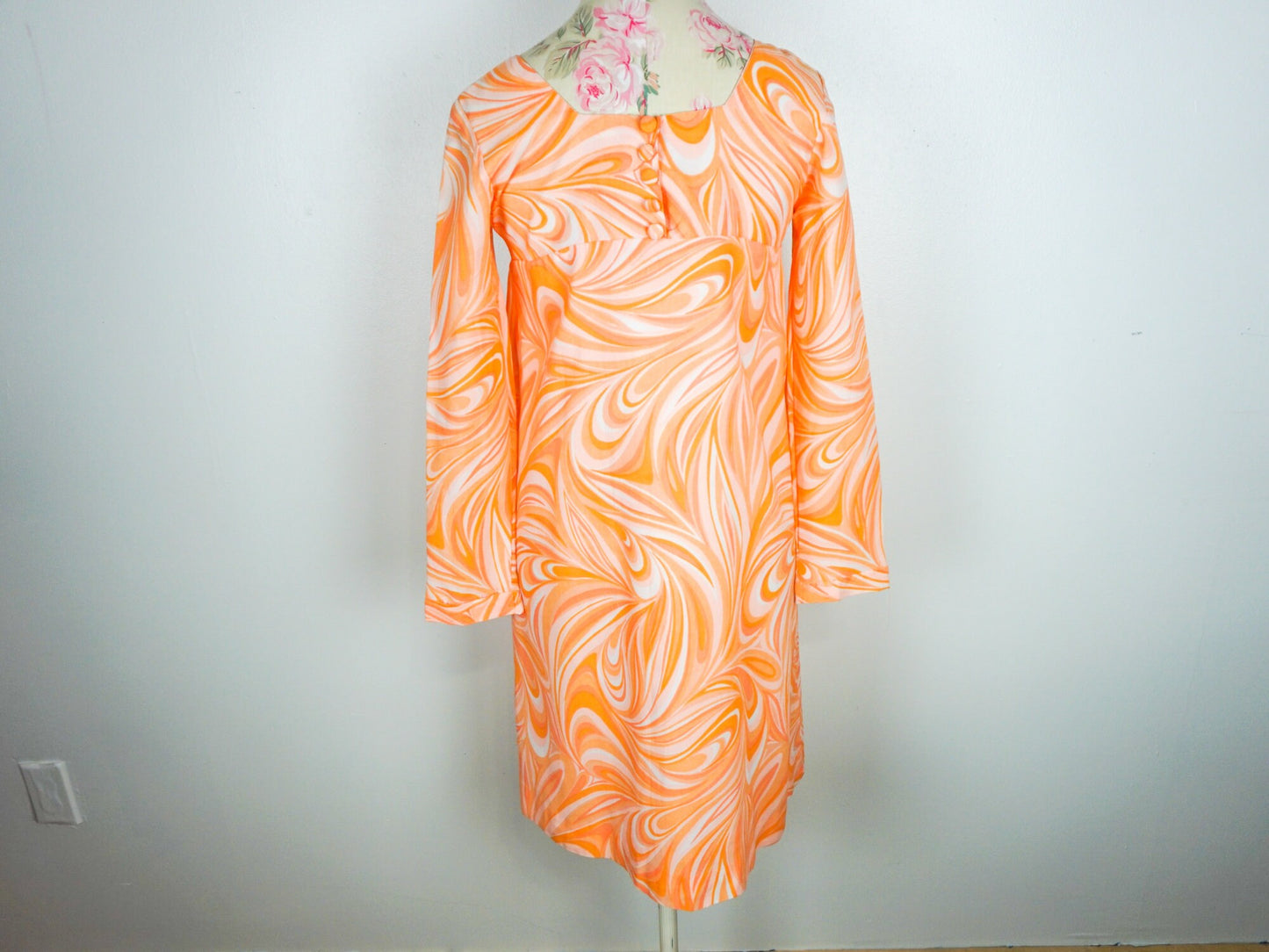 Orange Mini Dress Psychedelic Summer 1970s Size Large