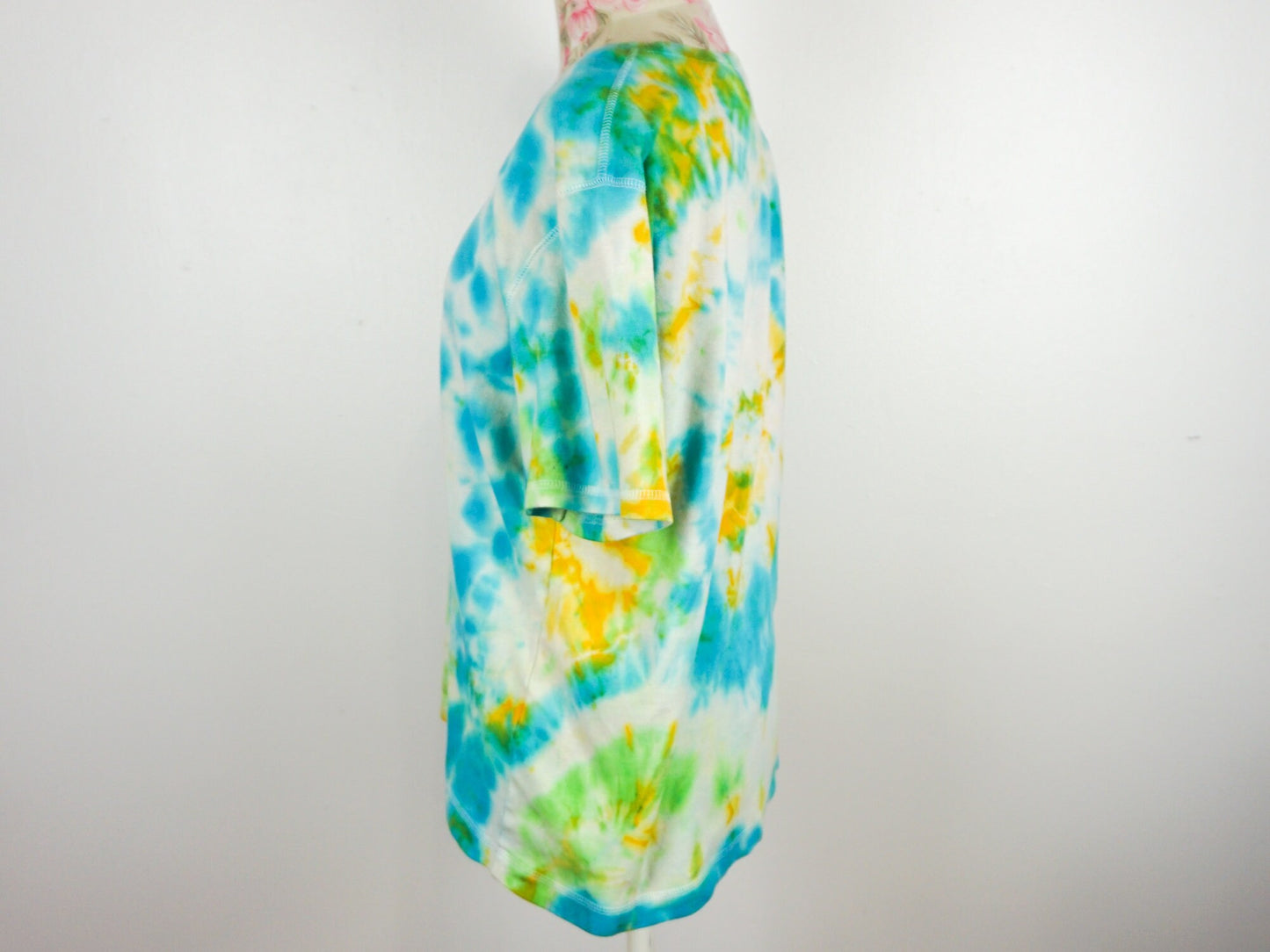 Blue Tie Dye Shirt Yellow Green Upcycled Size L Large unisex Cotton Blend