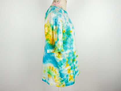 Blue Tie Dye Shirt Yellow Green Upcycled Size L Large unisex Cotton Blend