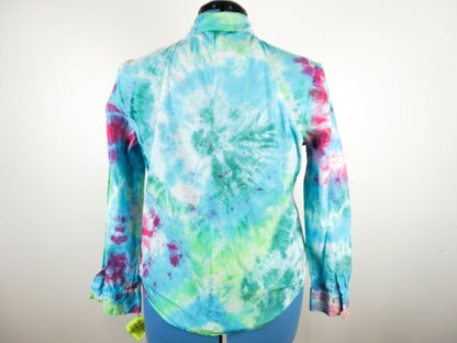 Blue Green Pink Tie Dye Collared Dress Shirt Blouse Size Unisex Large