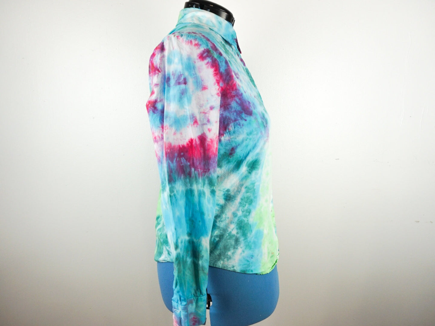 Blue Green Pink Tie Dye Collared Dress Shirt Blouse Size Unisex Large